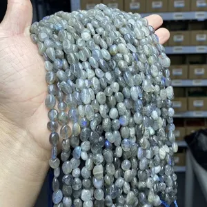 Close-up of 6-8mm natural irregular grey moonstone labradorite beads for DIY jewelry