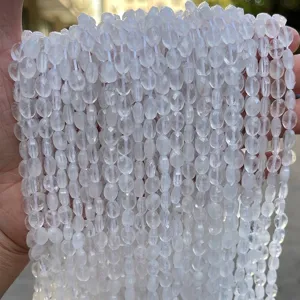 Macro view of faceted natural white crystal elliptical beads for DIY jewelry making