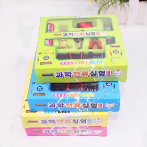 Close-up of physics DIY science experiment kit boxes with electrical components