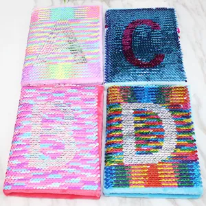 Reversible sequin plush notebook set with letter designs, colorful cute diary memo pad for kids.