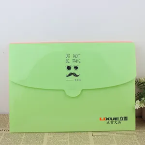 Light green plastic accordion folder detail showing the cute mustache graphic and brand logo.