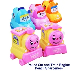 Collection of colorful cartoon vehicle shaped pencil sharpeners on a white background