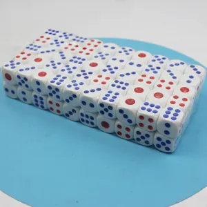 Bulk pack of standard white dice with red and blue dots, packaged in transparent plastic wrap.