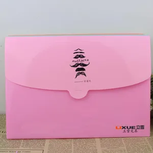 Pink A4 accordion document folder detail showcasing cute mustache print and brand logo.