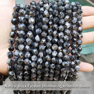 Close-up of faceted black labradorite rhomboid beads for DIY jewelry making projects