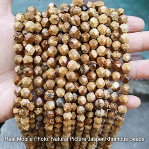 Detailed view of faceted natural picture stone beads for DIY jewelry making kits