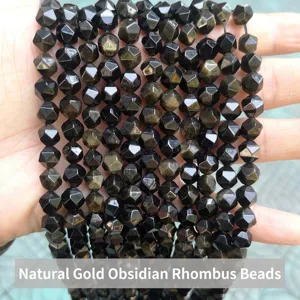 Macro view of diamond-cut natural golden obsidian beads showing distinct golden sheen