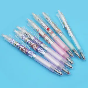 Close-up view of cute transparent retractable 0.5mm gel pens with cartoon designs