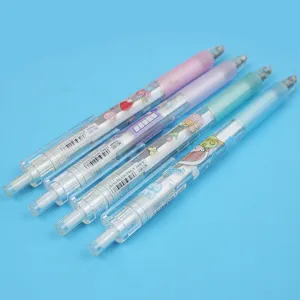 Detail view of 4 cute retractable gel pens with pastel grips and cartoon patterns.