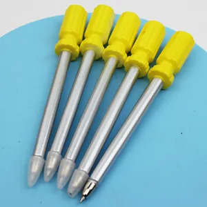 Creative screwdriver shaped ballpoint pen detail view, unique tool design student gift office supply.