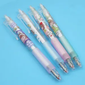 Detail of four colorful 0.5mm retractable gel pens with cute cartoon graphics