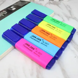 Close-up of five vibrant fluorescent highlighters for student marking and drawing