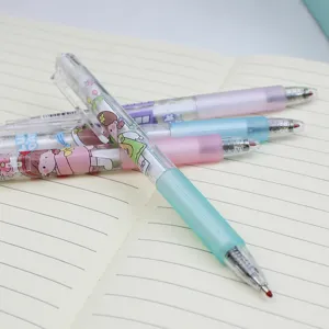 Close-up of cute cartoon girl retractable gel pens with 0.5mm tips on a lined notebook
