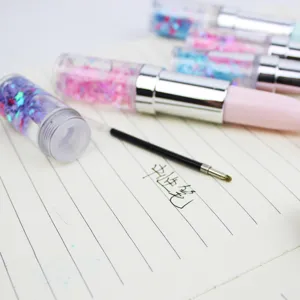 Lipstick liquid quicksand gel pen detail view showing cute glitter design and smooth writing.