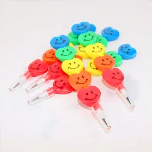 Detailed view of colorful heart smiley stacking pencils, cute non-sharpening student stationery.