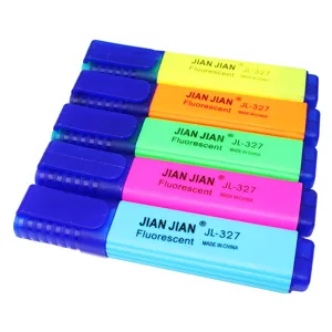 Close-up of a set of five vibrant fluorescent highlighter pens in five assorted colors