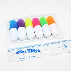Detail view of mini capsule highlighter set, cute candy colors, six pieces with clear pouch.