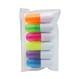 Mini capsule highlighter set with 6 bright candy colors in a clear pouch for students.