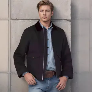 Herren Casual Kontrastfarbe Revers Polyester Jacke Frühling Herbst Langarm Reißverschluss Canvas Stil Workwear Outerwear Top