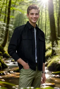 Lässige schwarze Herren-Hemdjacke, präsentiert von einem Model im sonnigen Wald.