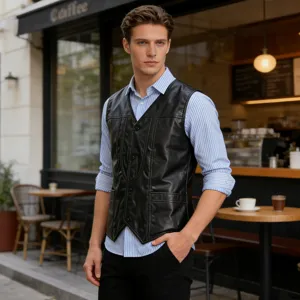 Men PU Leather Vest V Neck Waistcoat Loose Solid Sleeveless Jacket Casual Multi Pockets Outerwear Top
