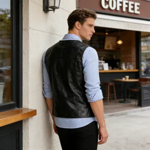 Men stylish black PU leather vest detail view, casual streetwear design for autumn fashion.