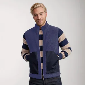 Men's casual fleece vest with large pockets, autumn winter warm sleeveless outerwear in blue.