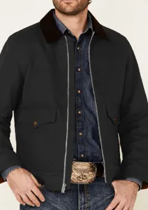 Detail einer schwarzen Herren-Canvas-Jacke mit braunem Kontrastkragen und Reißverschluss.