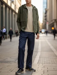 Outdoor urban street detail shot showing men's green hooded jacket and casual wear lifestyle.