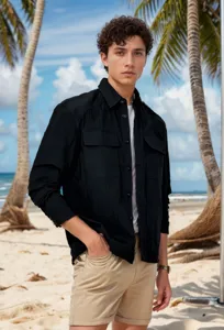 Detail einer leichten schwarzen Herren-Hemdjacke für den tropischen Strandurlaub