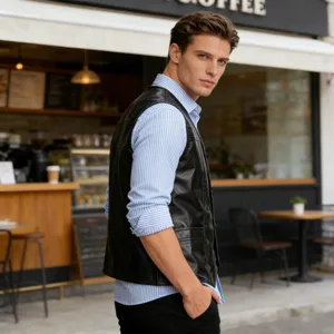 Men's fashion PU leather vest casual V-neck autumn business urban waistcoat outerwear apparel.