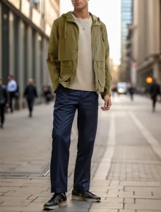 Detailed shot of men's casual hooded jacket in olive green paired with sweater for street wear.