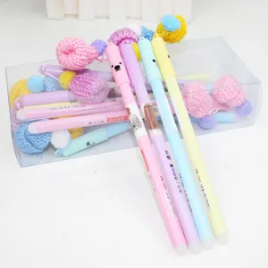 Cute cartoon gel pen set with knit hat pendant and bear cap, smooth writing student stationery.