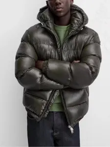 Men's winter hooded puffer jacket glossy casual down coat winter outerwear detail view