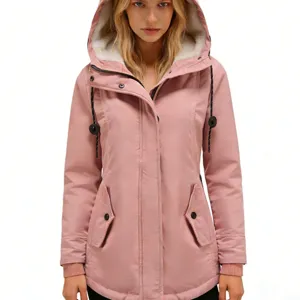 Detailed close-up view of women's pink mid-length hooded parka with warm fleece lining