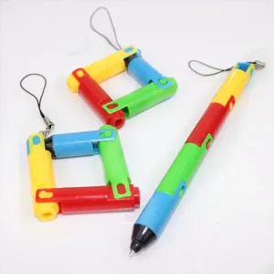 Close-up of colorful foldable transformable ballpoint pen showing both shapes and lanyards