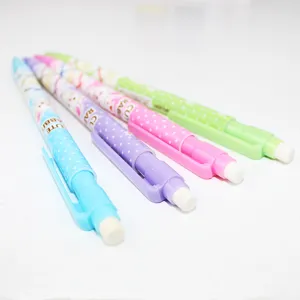 Detailed view of colorful mechanical pencils set with cute rabbit patterns and erasers.