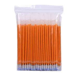 Macro detail of shiny gold ballpoint pen refills packed in a transparent protective bag