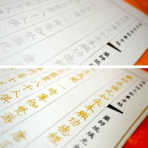 Close-up detail of sparkly gold ink refill tracing Buddhist scripture characters