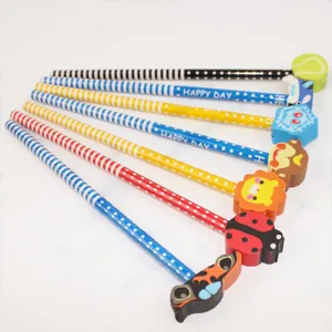 Cute cartoon animal eraser pencils with colorful striped wooden shafts for students and gifts.