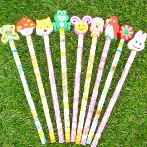Cute cartoon eraser topped pencils set, creative student stationery HB writing pencils for school.