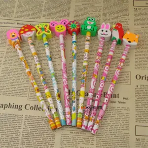 Cute cartoon animal eraser top pencils, colorful wooden pencils for school stationery supply.