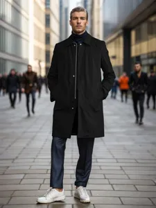 Men's solid color mid-length trench coat detailed view, urban casual commuting style, outerwear.
