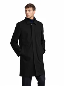 Detailed view of a classic black men's trench coat, perfect for stylish autumn and spring wear.