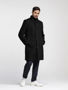 Men's solid black trench coat detail view showcasing lapel collar and side pockets design.