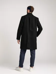 Back view details of men's black mid-length trench coat, showcasing clean cut and elegant style.