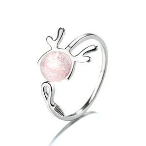 Sweet silver reindeer antler open ring featuring a round pink strawberry quartz bead
