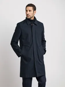 Men's solid navy blue mid-length trench coat with classic lapel design for business commute.