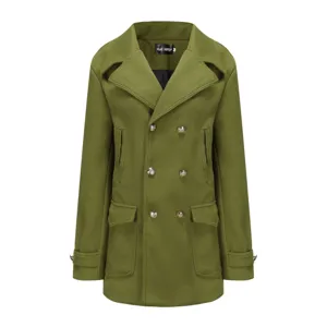 Vista frontale di un cappotto di lana verde oliva in stile britannico doppiopetto.