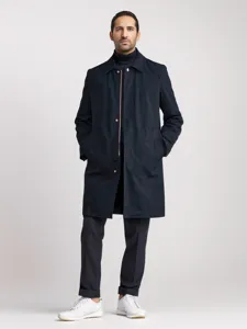 Men mid-length trench coat detailed view, featuring classic lapel collar and casual button styling.